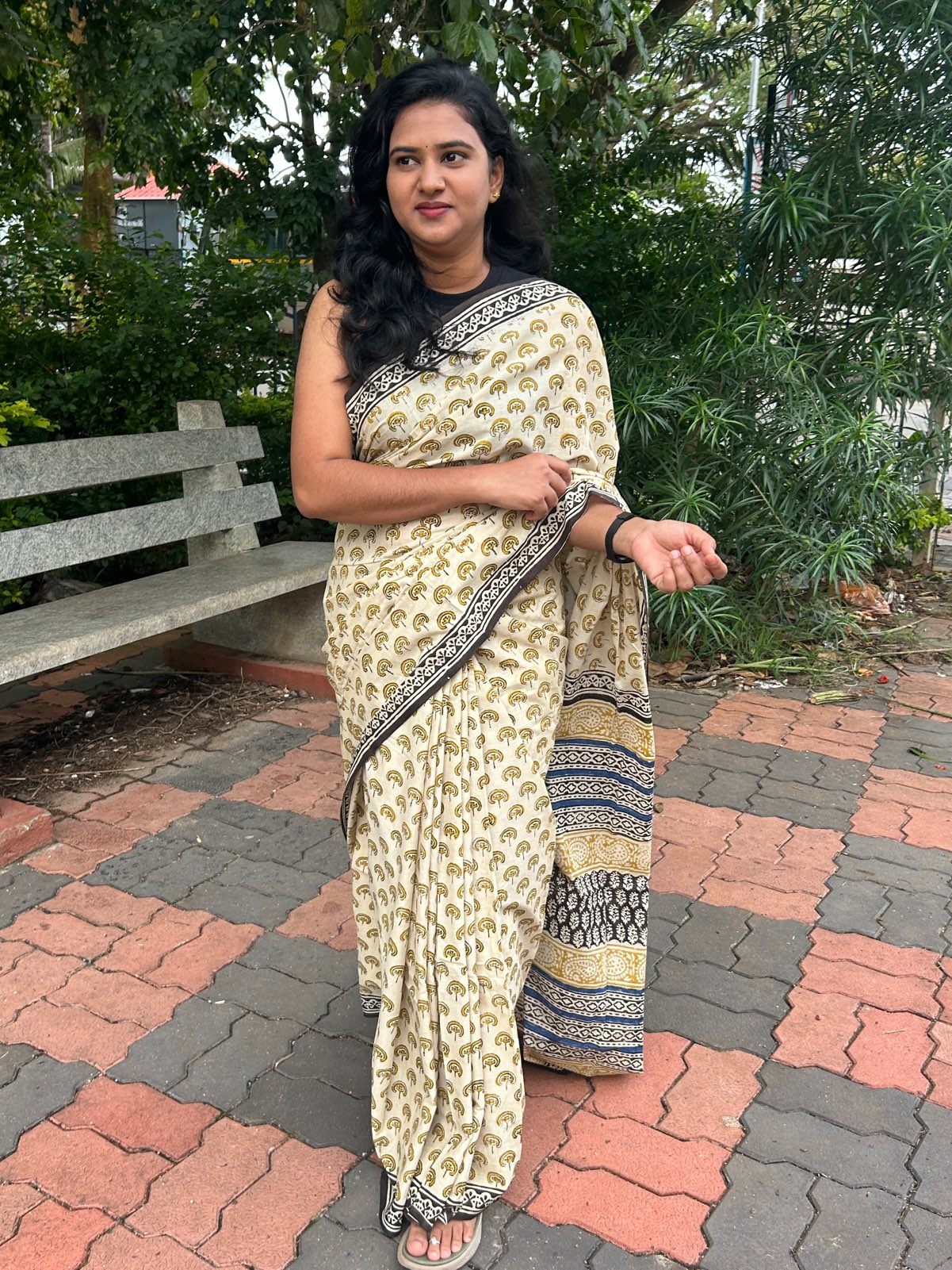Off white handblock mulmul cotton saree