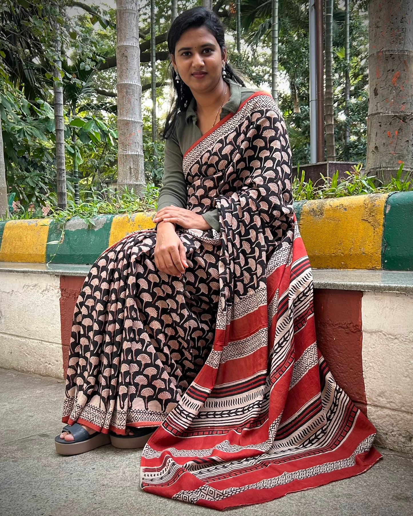 Black handblock mulmul cotton saree