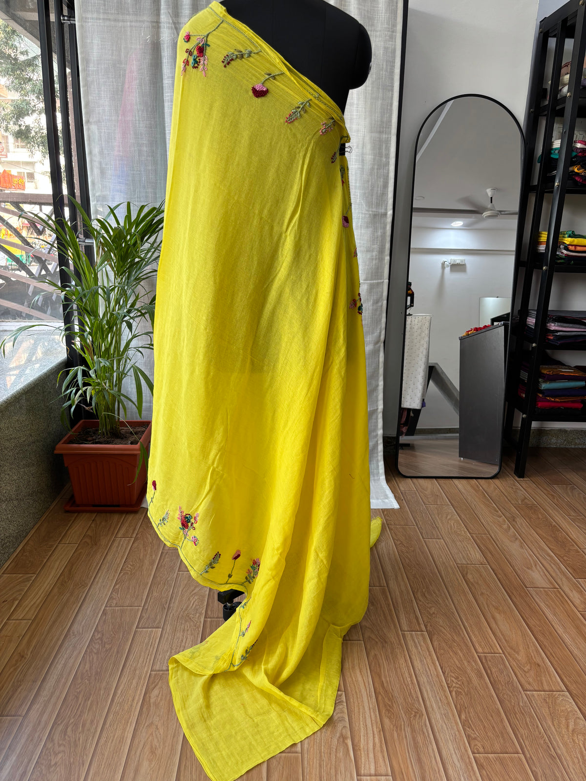 YELLOW EMBROIDERED MUL SAREE