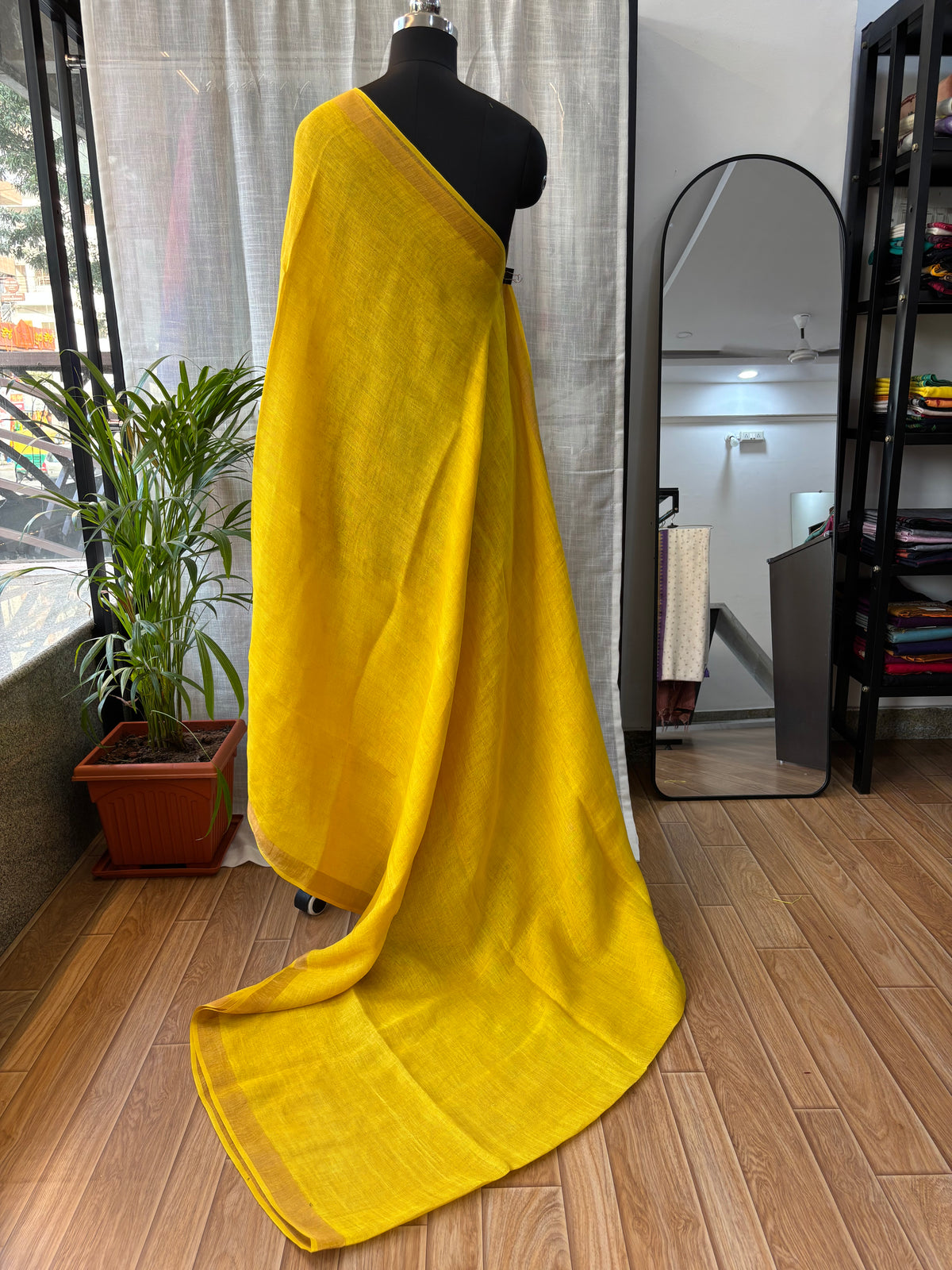 YELLOW PURE LINEN SAREE
