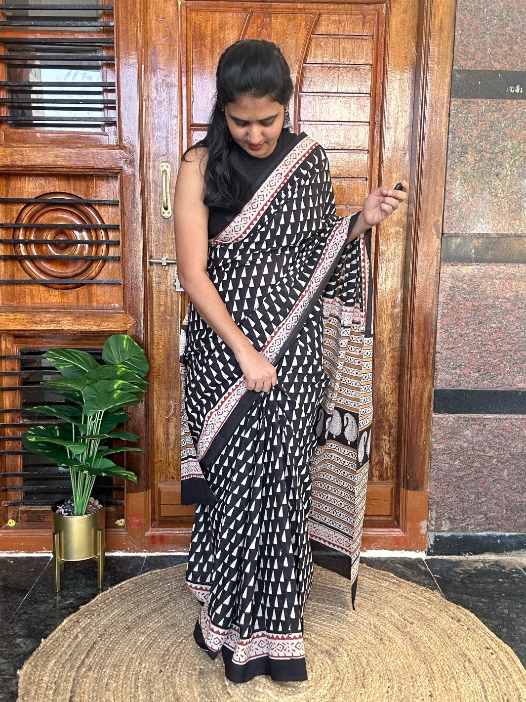 Black handblock mulmul cotton saree