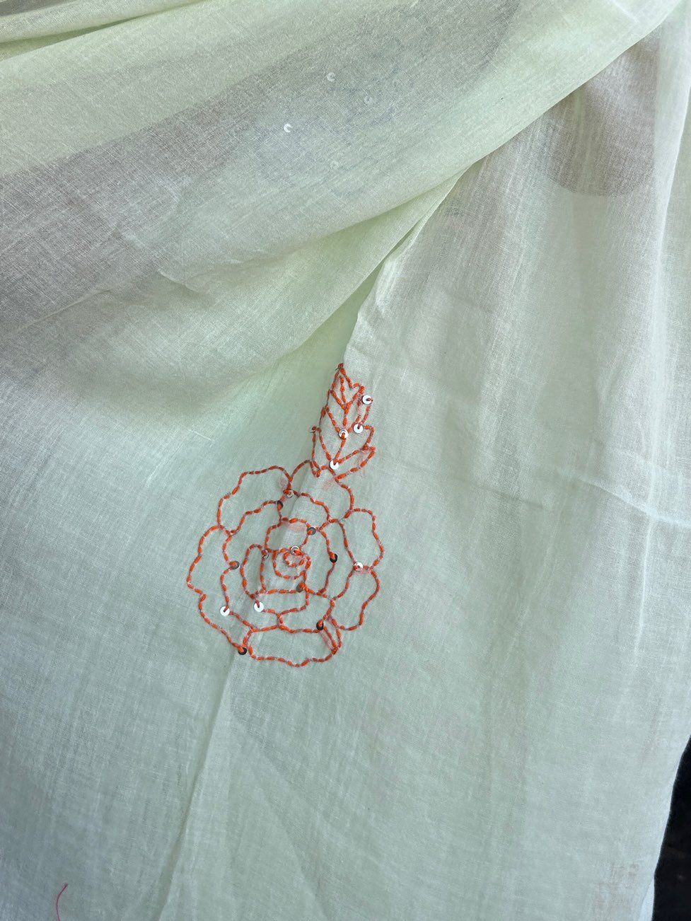 GREEN HAND EMBROIDERED MUL SAREE