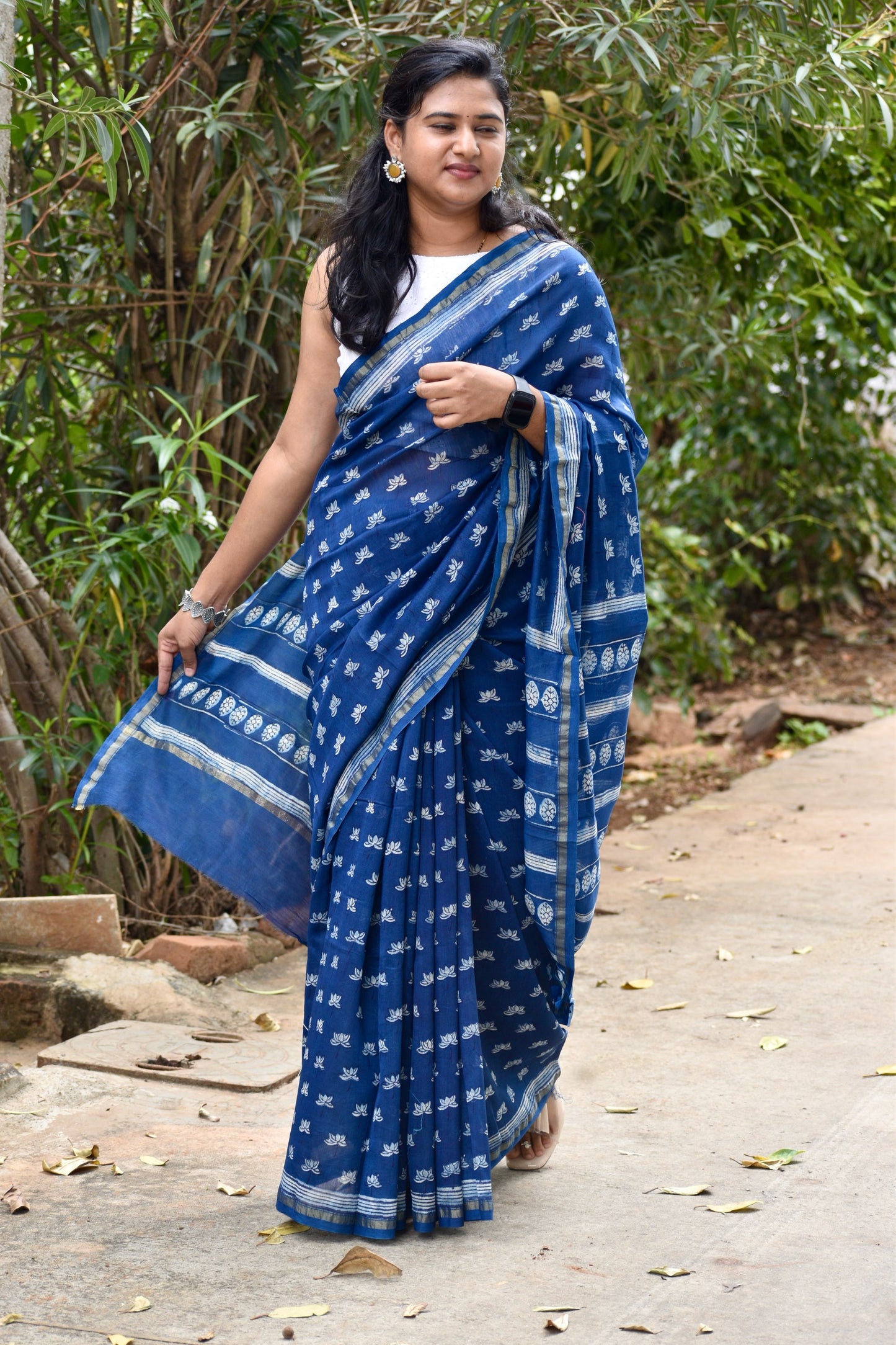 Blue dabu chanderi silk saree