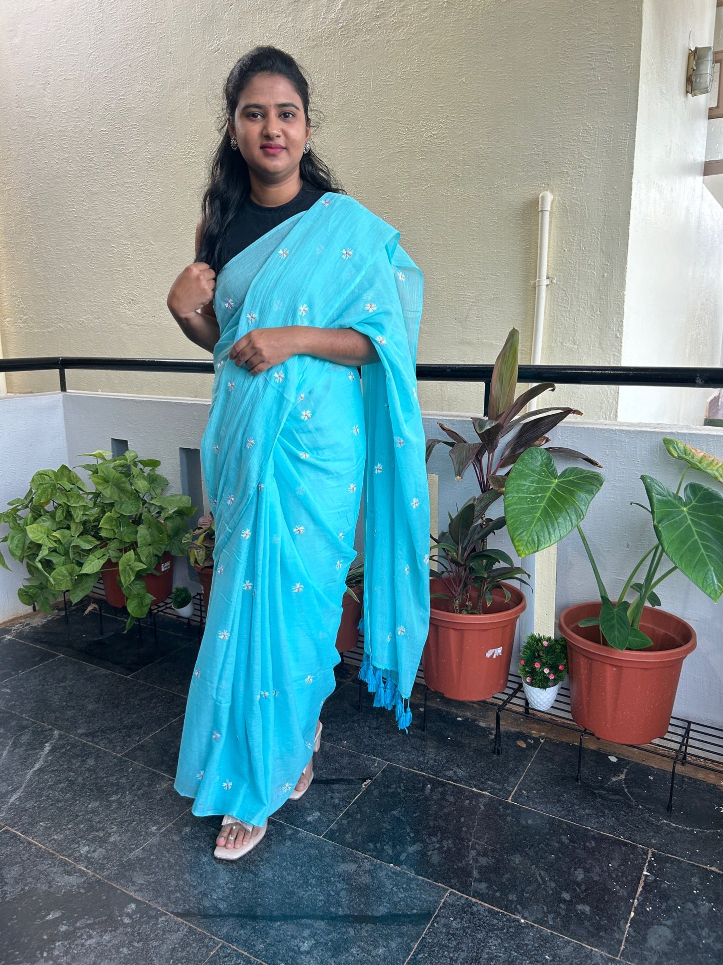 BLUE EMBROIDERY MUL SAREE