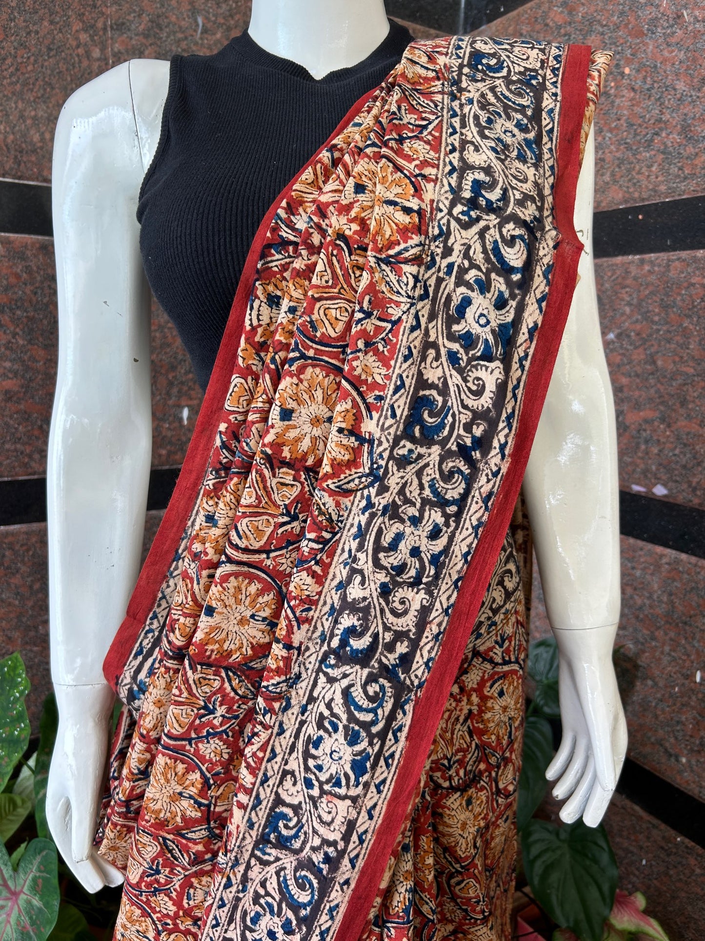 Red kalamkari mul saree