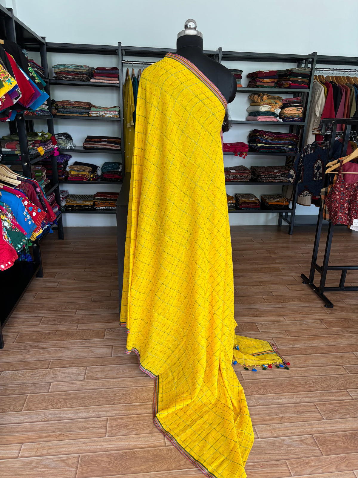 YELLOW KATHA CHECKS MUL SAREE