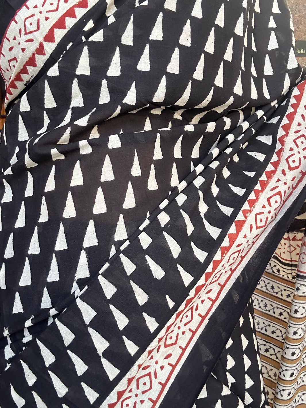 Black handblock mulmul cotton saree