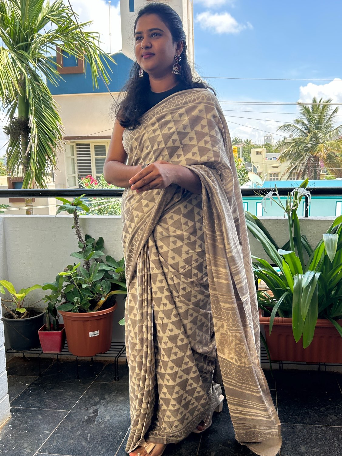 Grey handblock mul cotton saree