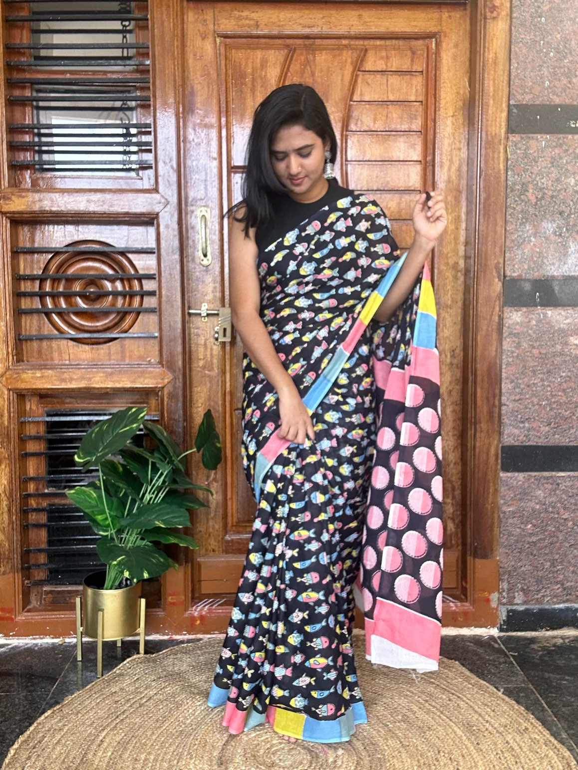 Black mulmul cotton saree