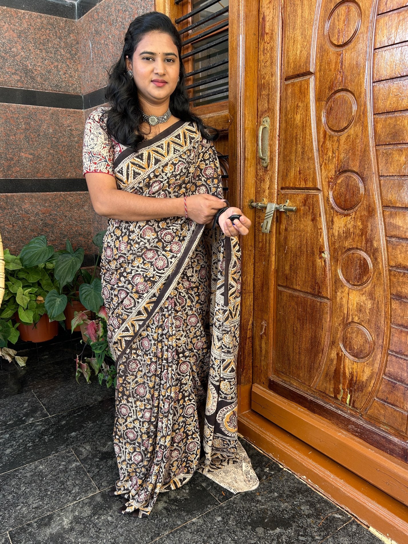 Brown kalamkari mul saree