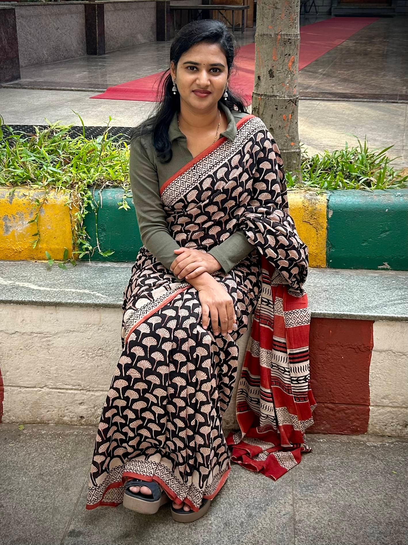 Black handblock mulmul cotton saree
