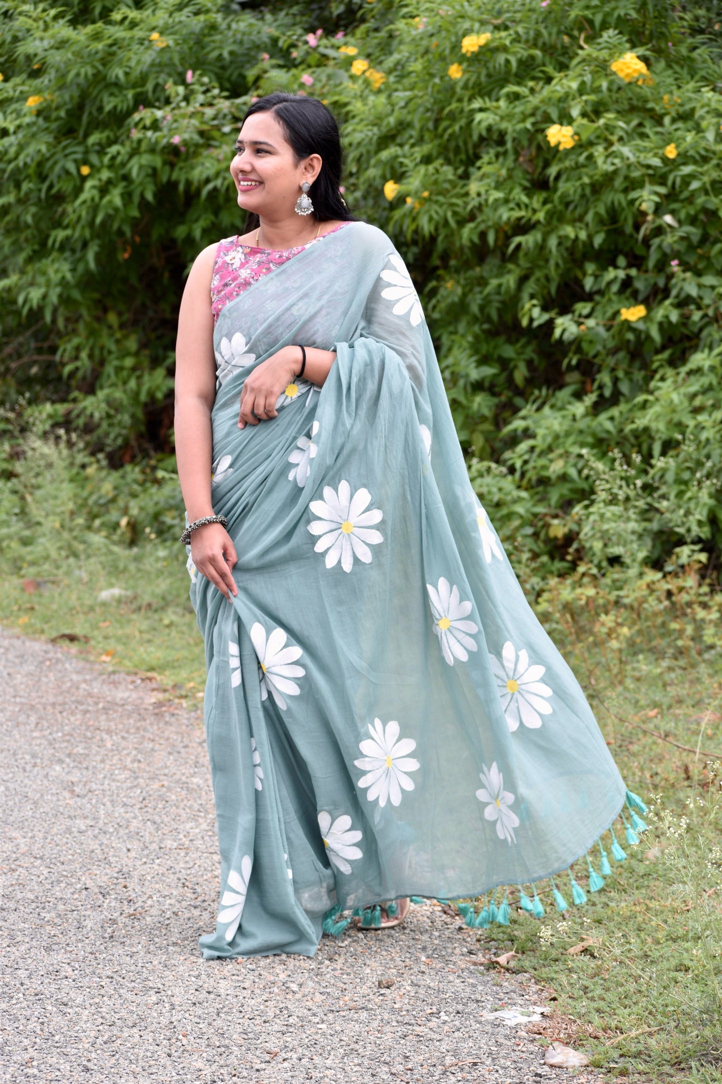 GREEN HAND PAINTED MUL SAREE