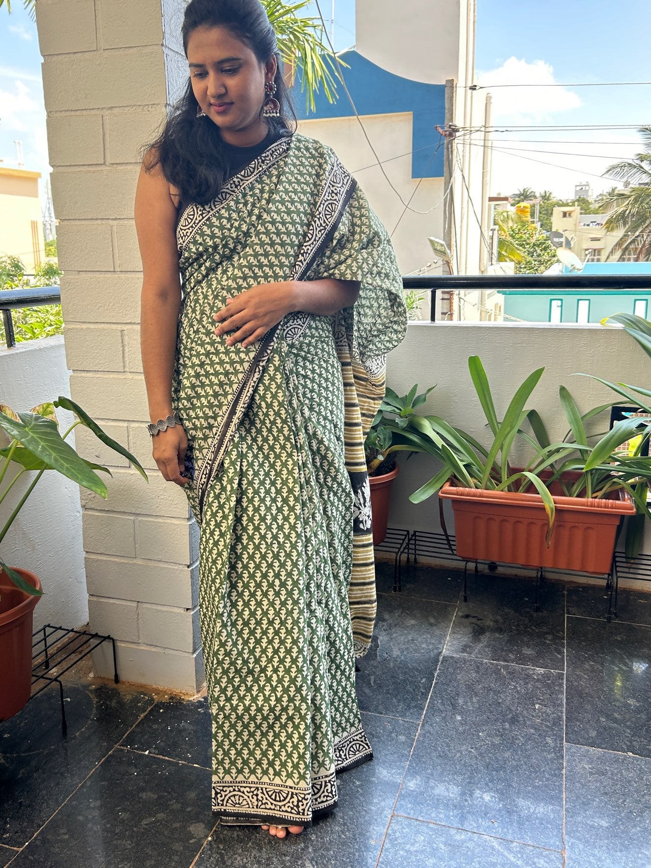 Green handblock mul cotton saree