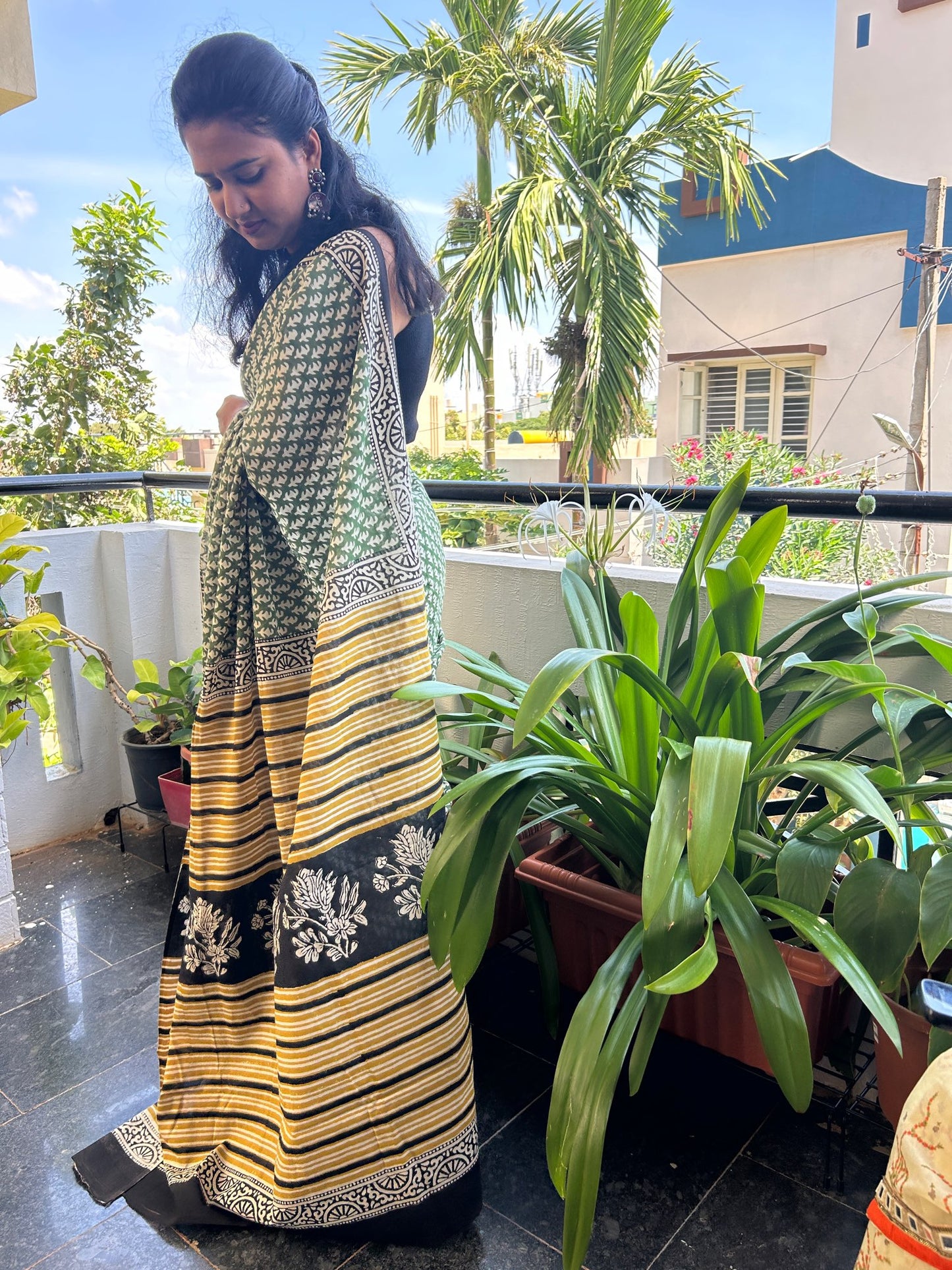 Green handblock mul cotton saree