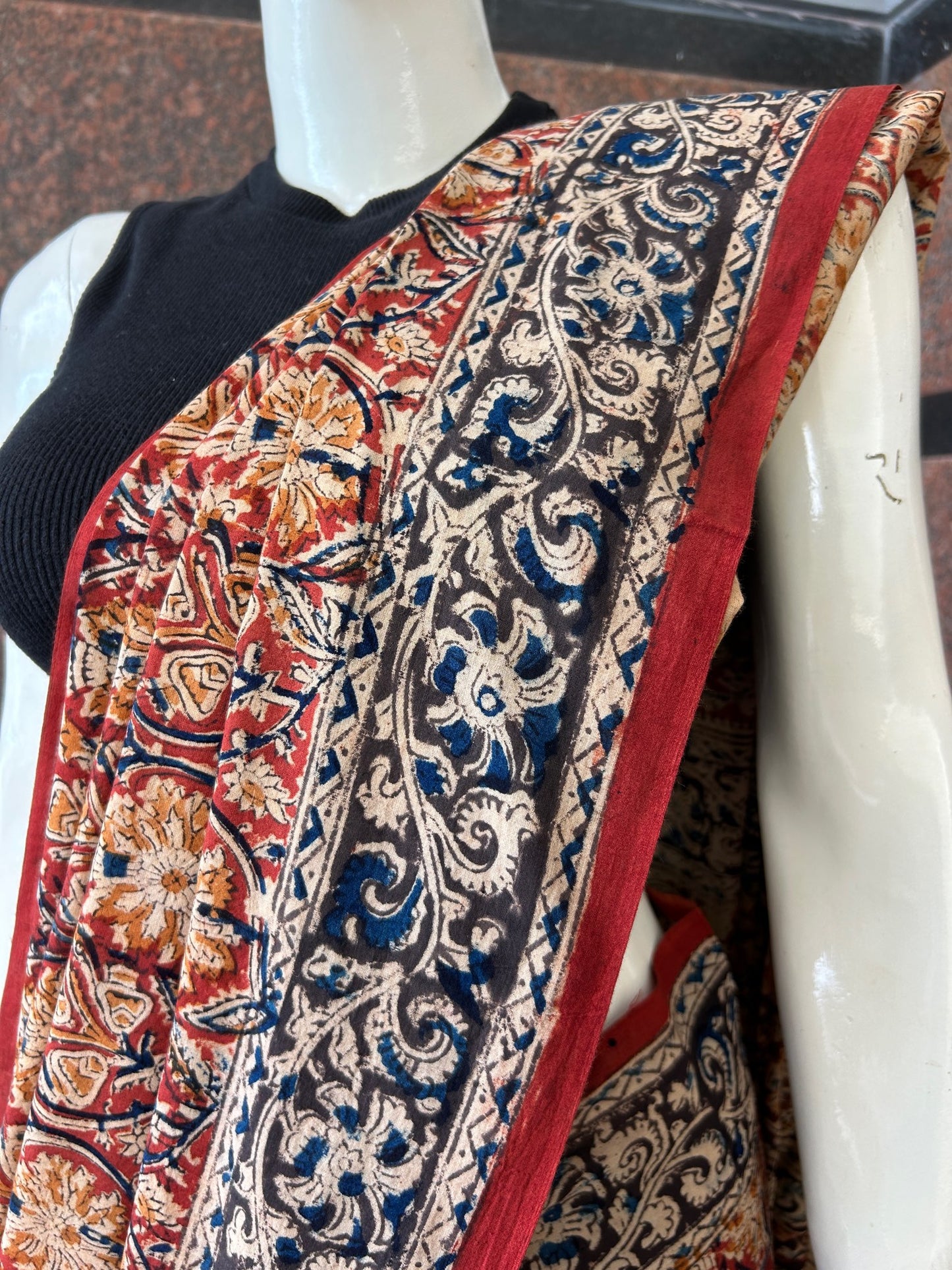 Red kalamkari mul saree