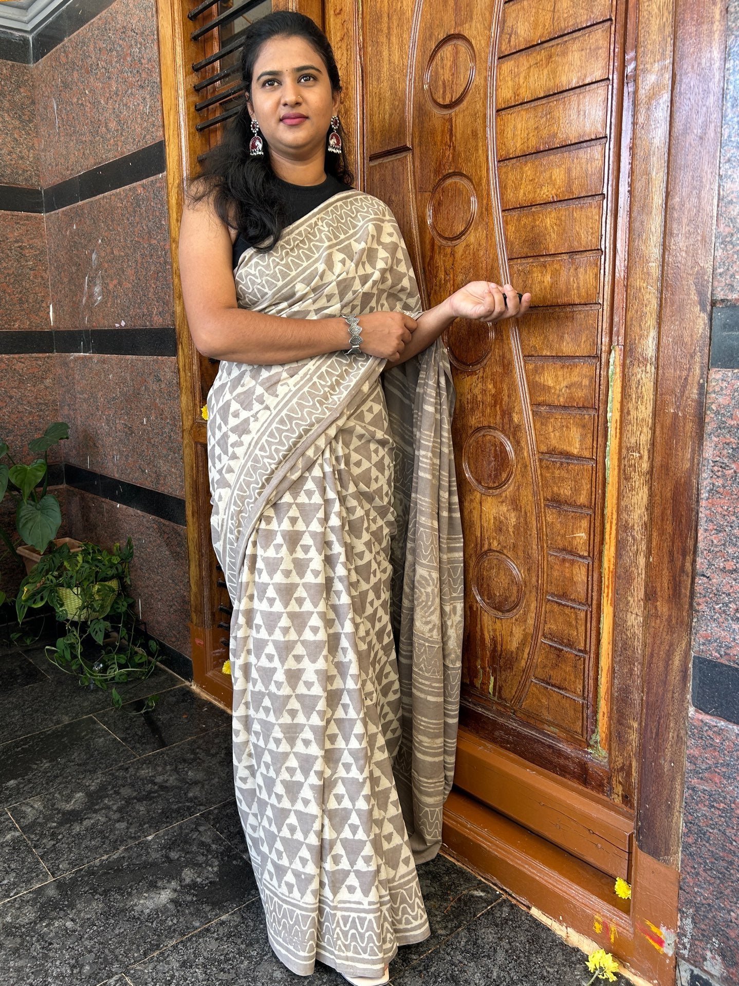 Grey handblock mul cotton saree