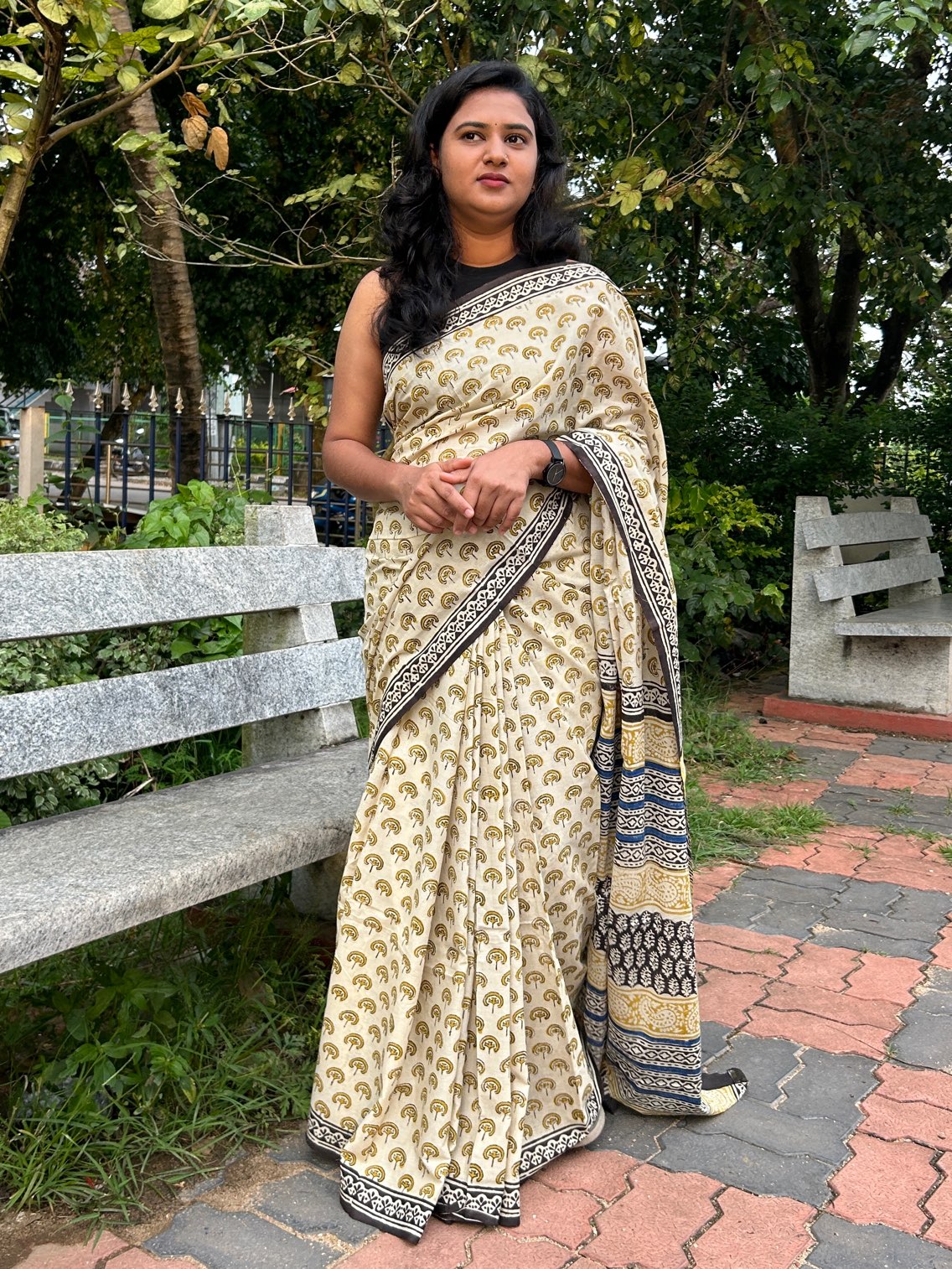 Off white handblock mulmul cotton saree