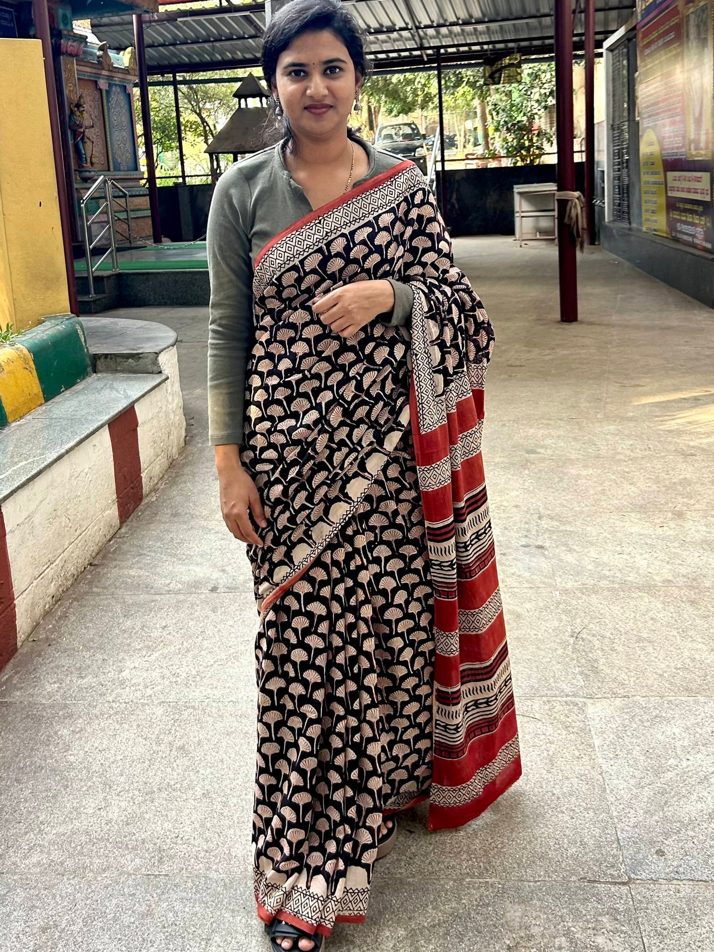 Black handblock mulmul cotton saree