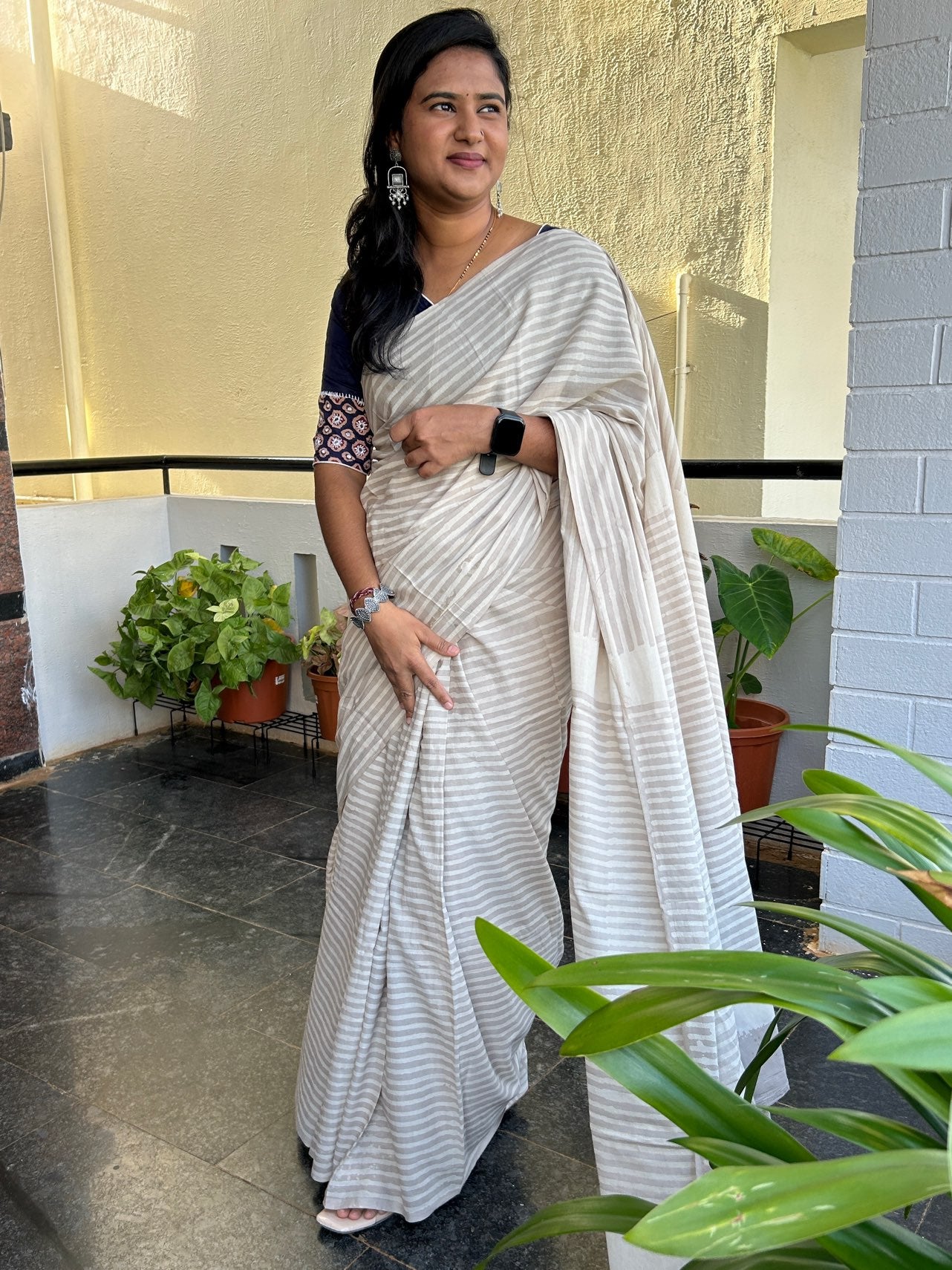 Grey handblock mul cotton saree
