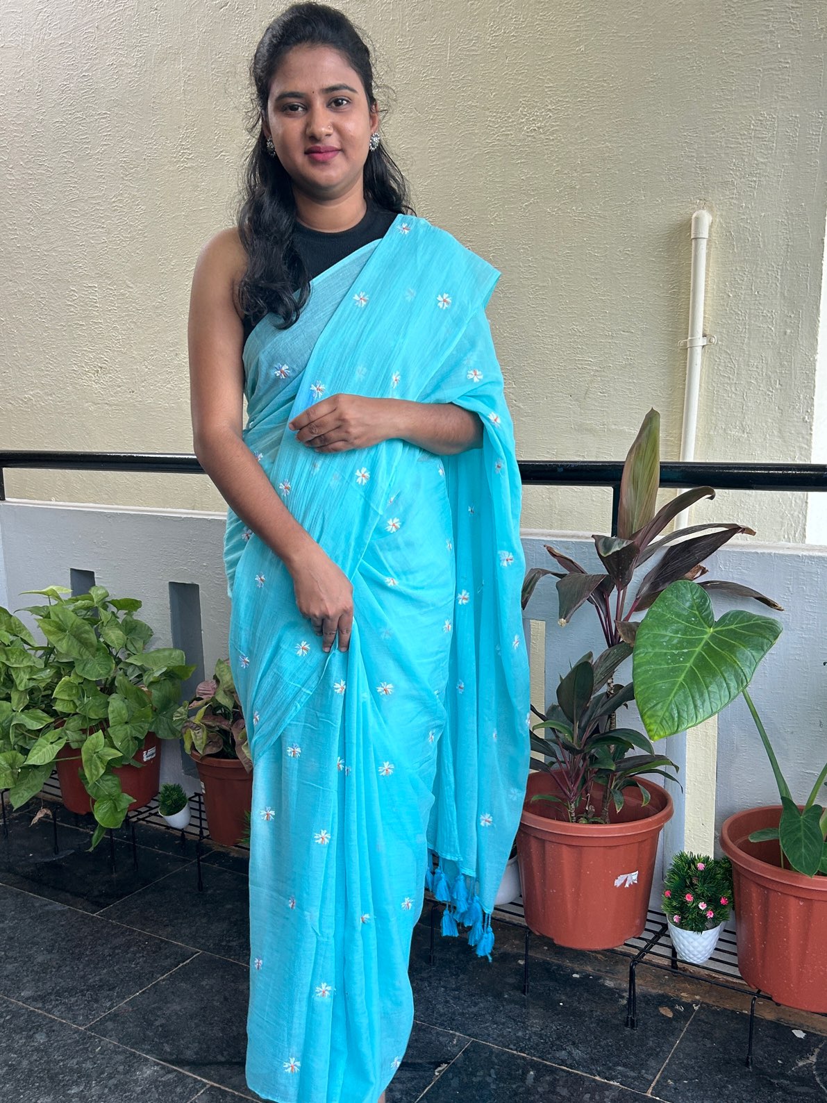 BLUE EMBROIDERY MUL SAREE