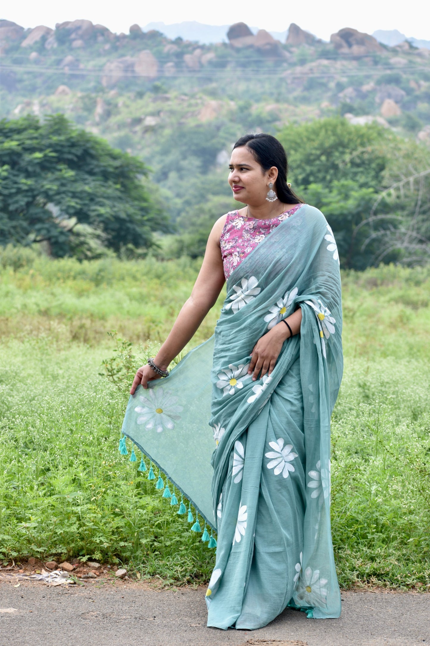 GREEN HAND PAINTED MUL SAREE