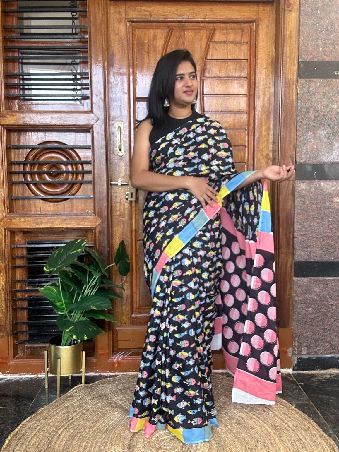 Black mulmul cotton saree