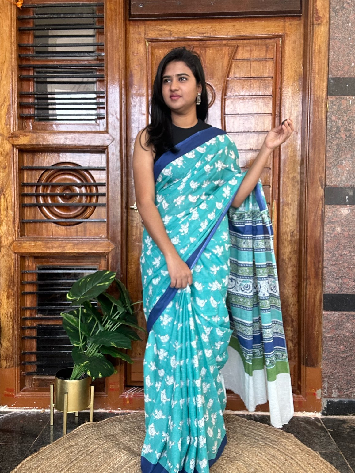 Blue mulmul cotton saree