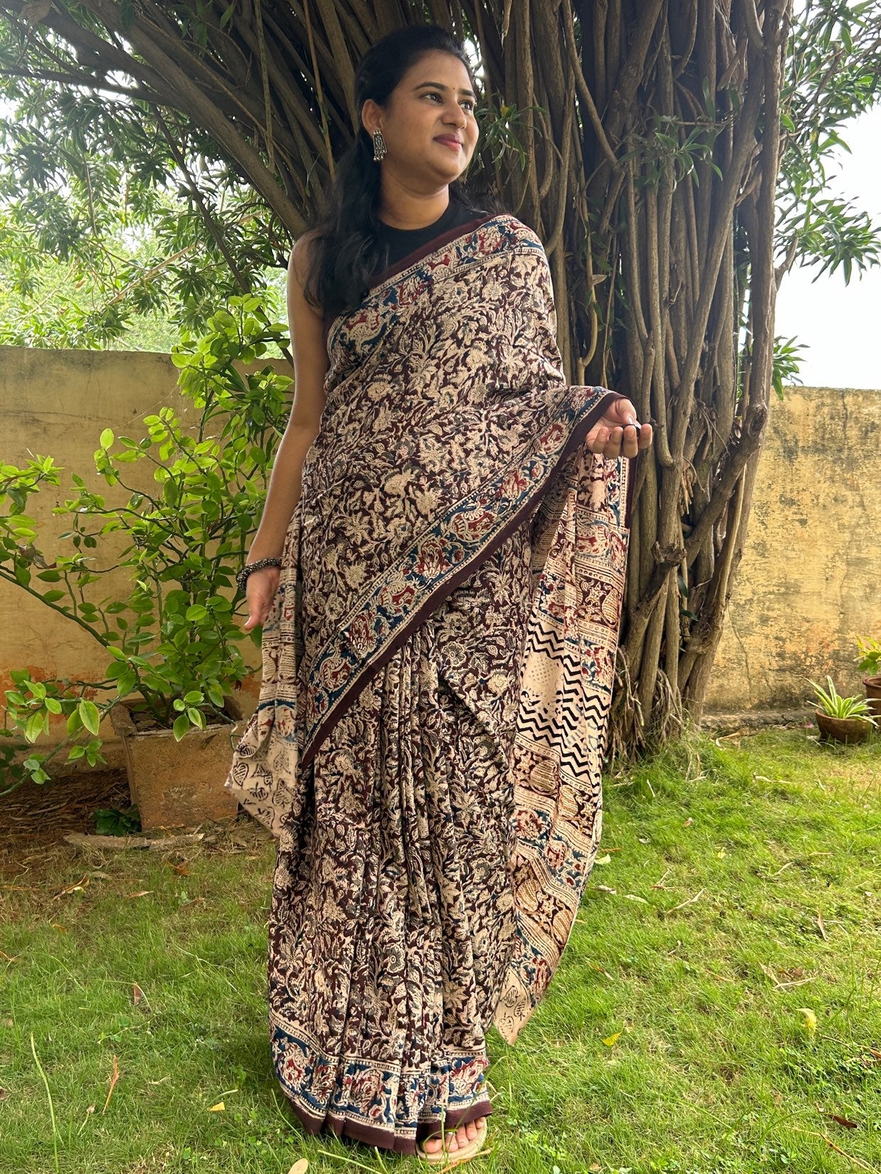 Brown kalamkari mul saree
