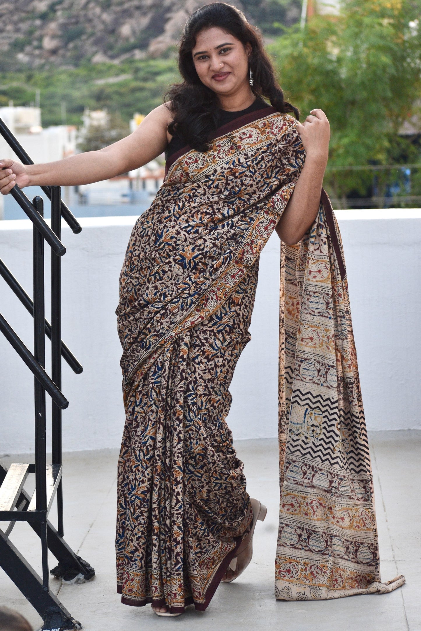 Brown kalamkari mul saree