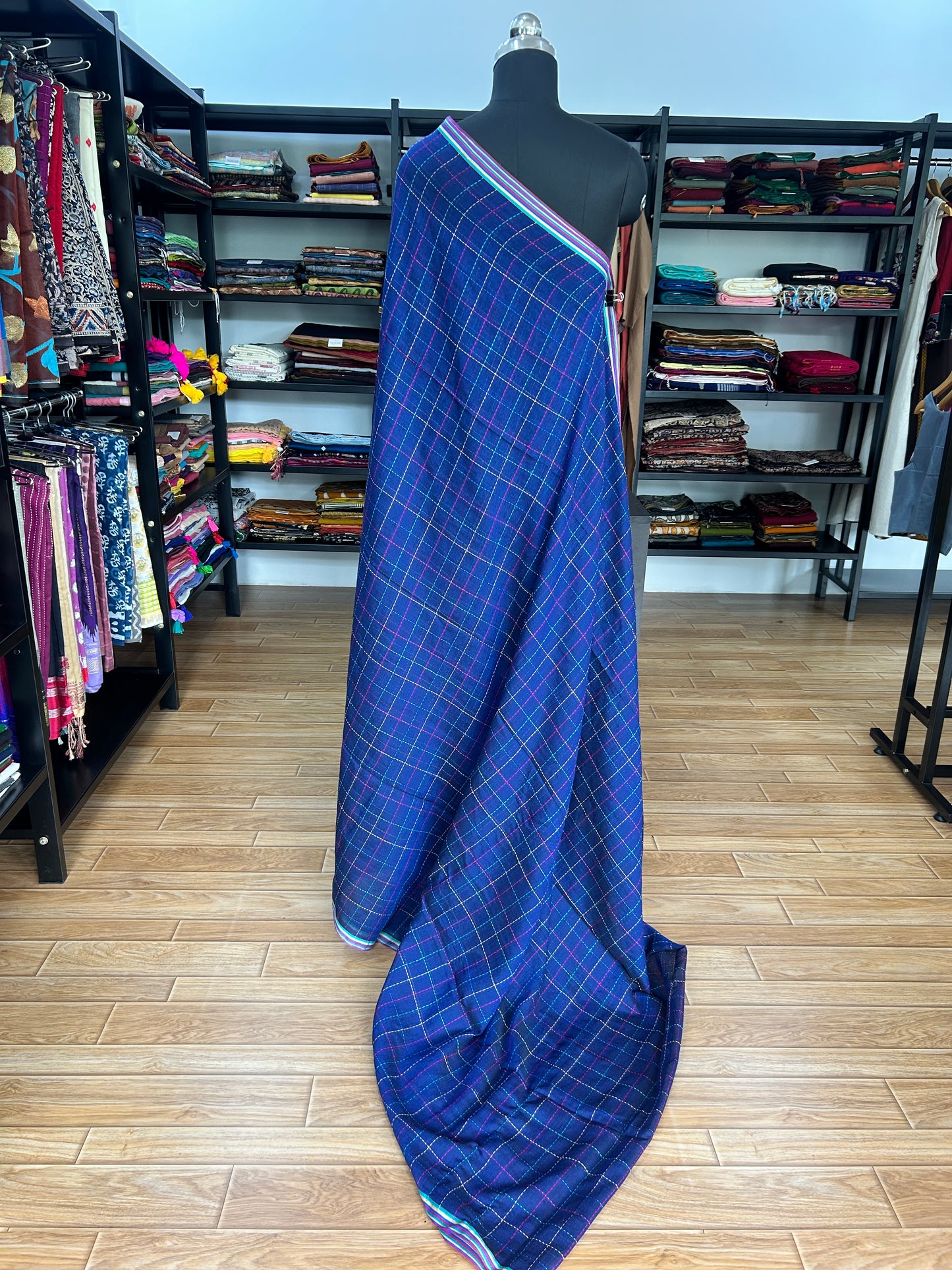BLUE KATHA CHECKS MUL SAREE