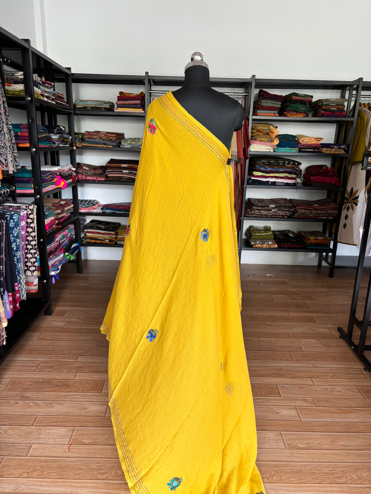 YELLOW EMBROIDERED MUL SAREE