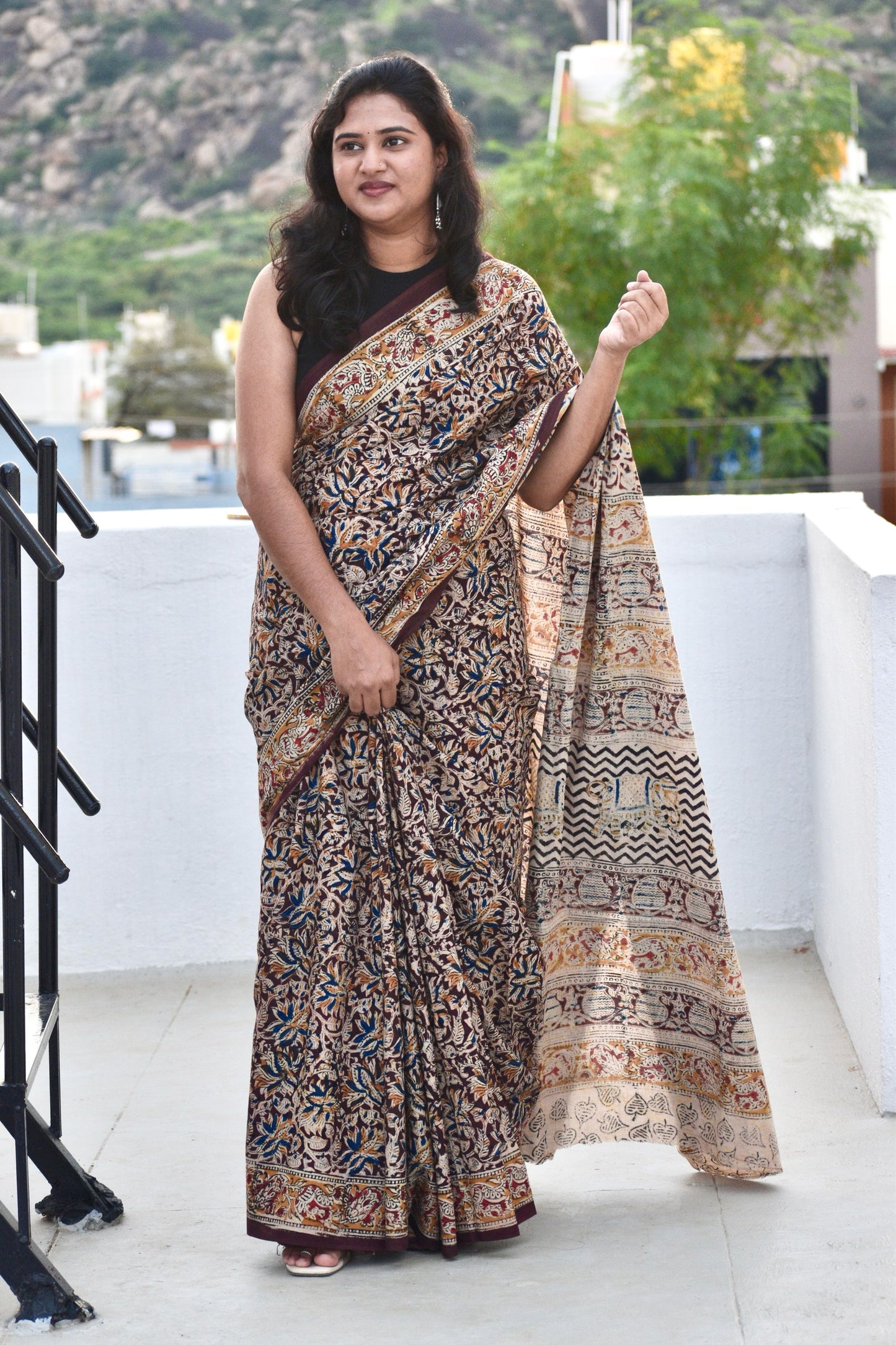 Brown kalamkari mul saree