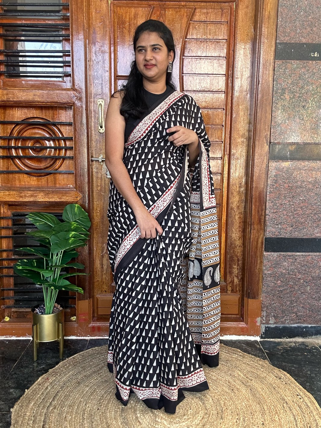 Black handblock mulmul cotton saree