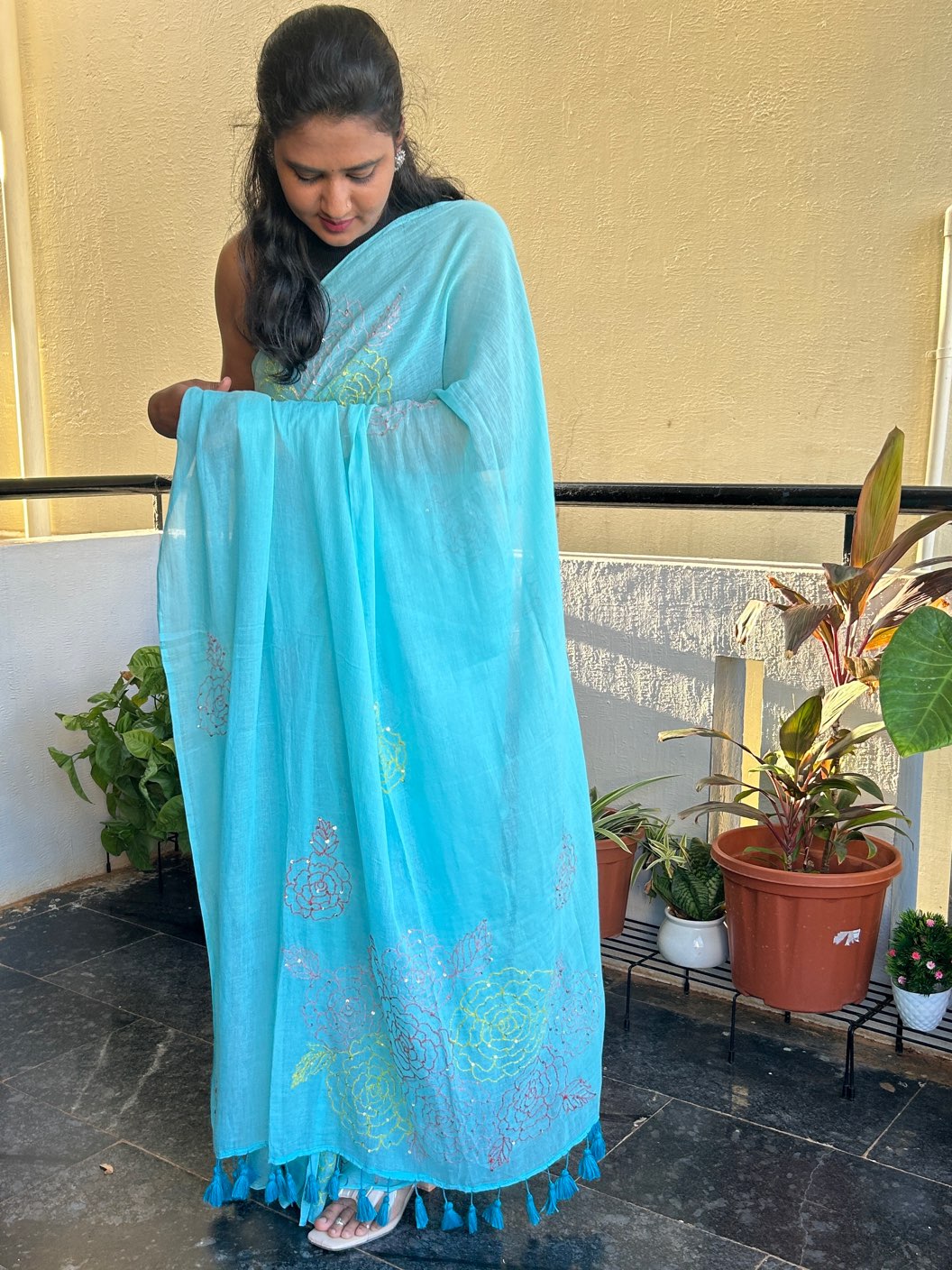 BLUE HAND EMBROIDERED MUL SAREE