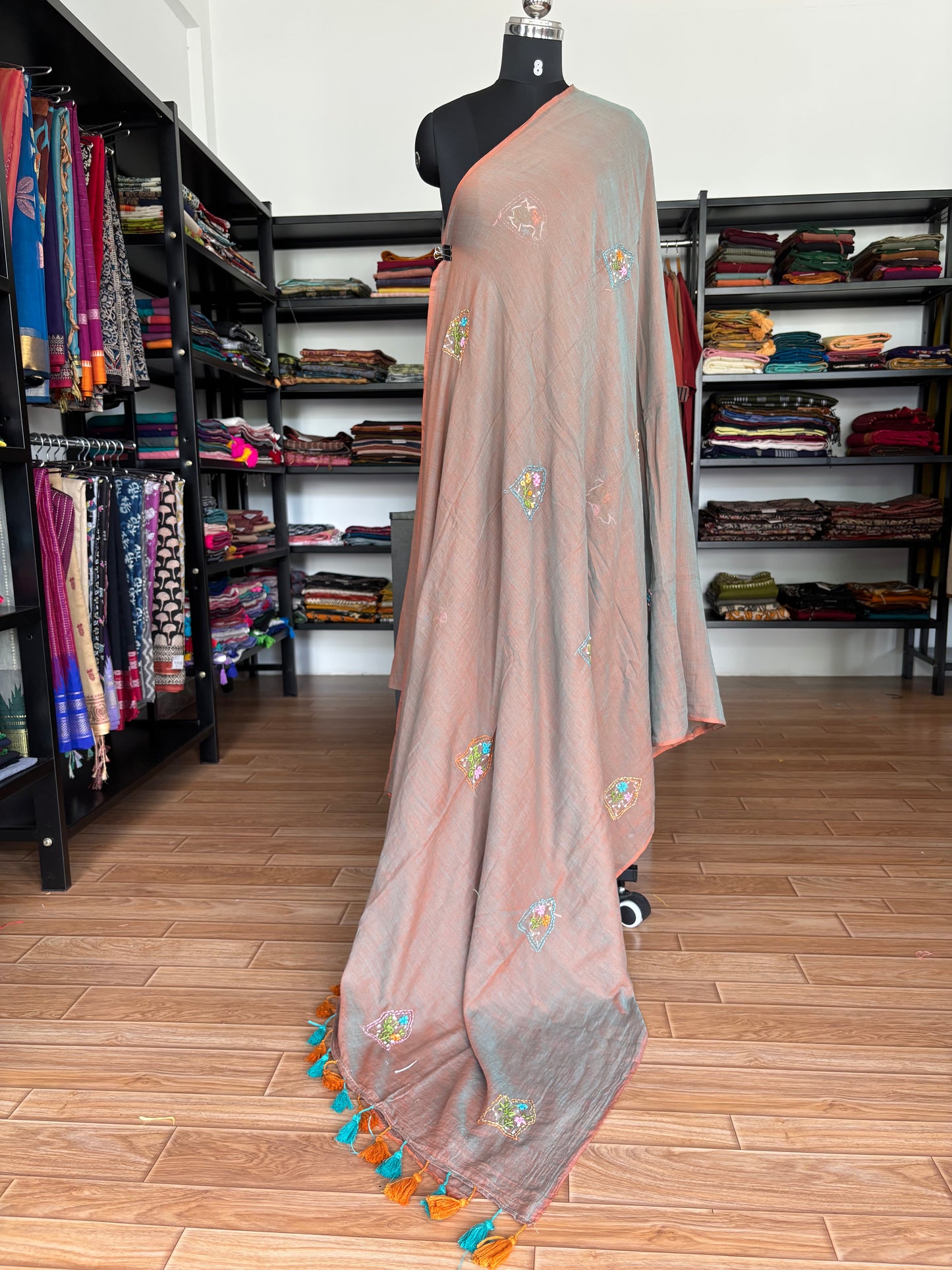 BROWN EMBROIDERED MUL SAREE