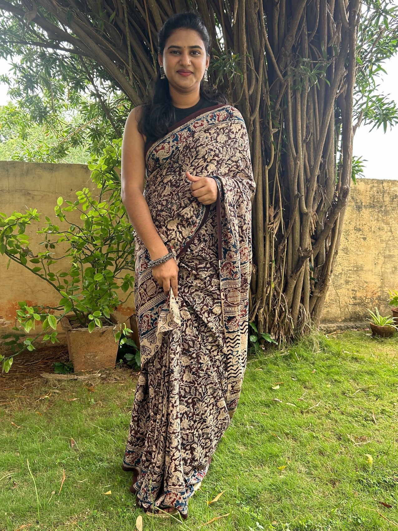 Brown kalamkari mul saree