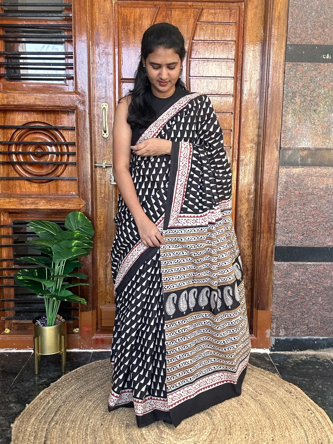 Black handblock mulmul cotton saree