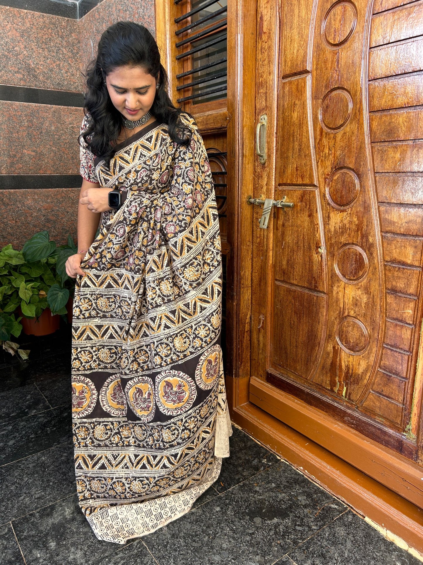 Brown kalamkari mul saree