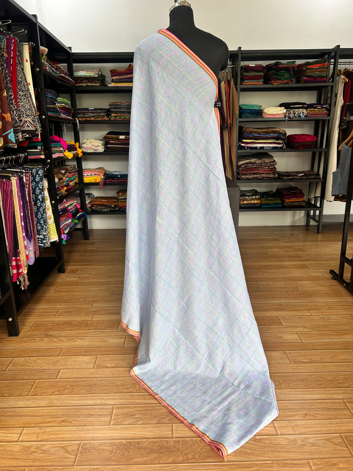 GREY KATHA CHECKS MUL SAREE