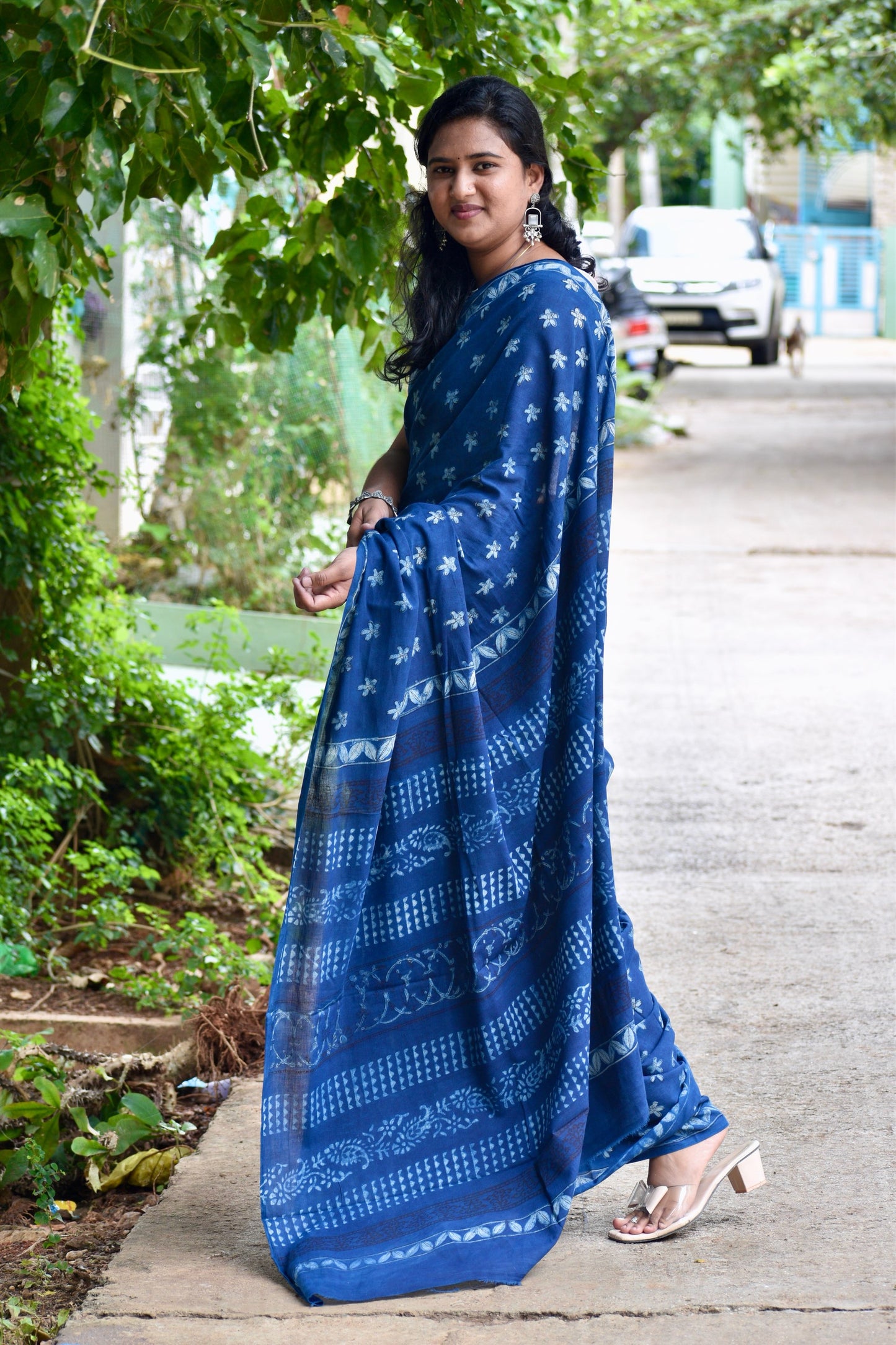 Blue dabu mul saree