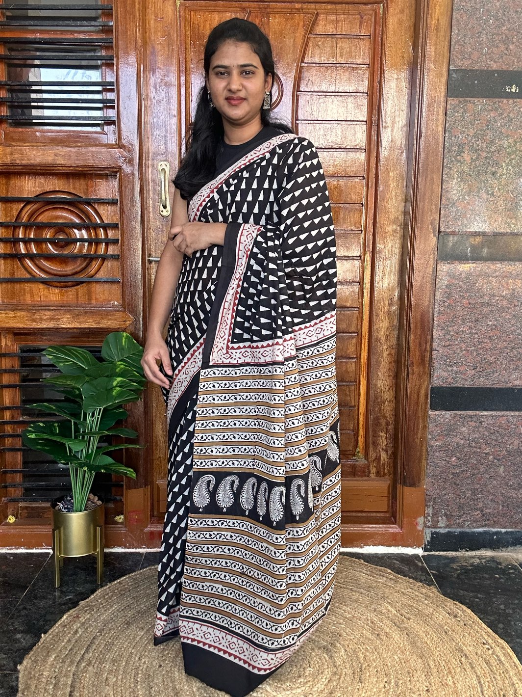 Black handblock mulmul cotton saree