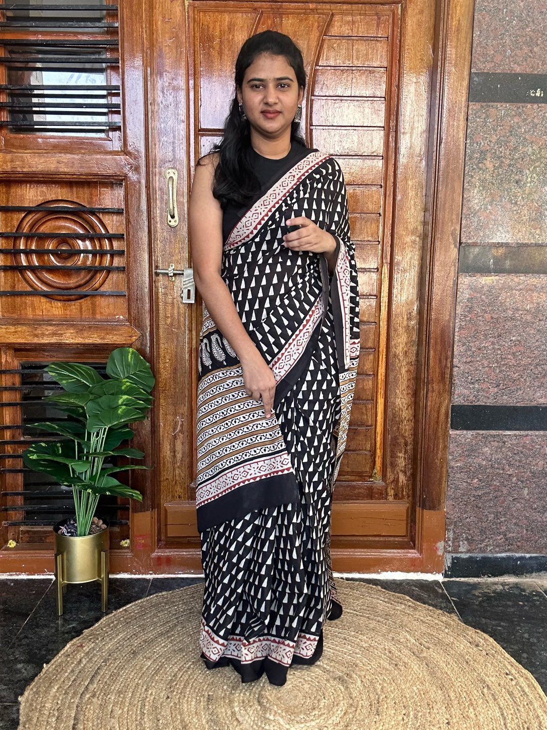 Black handblock mulmul cotton saree