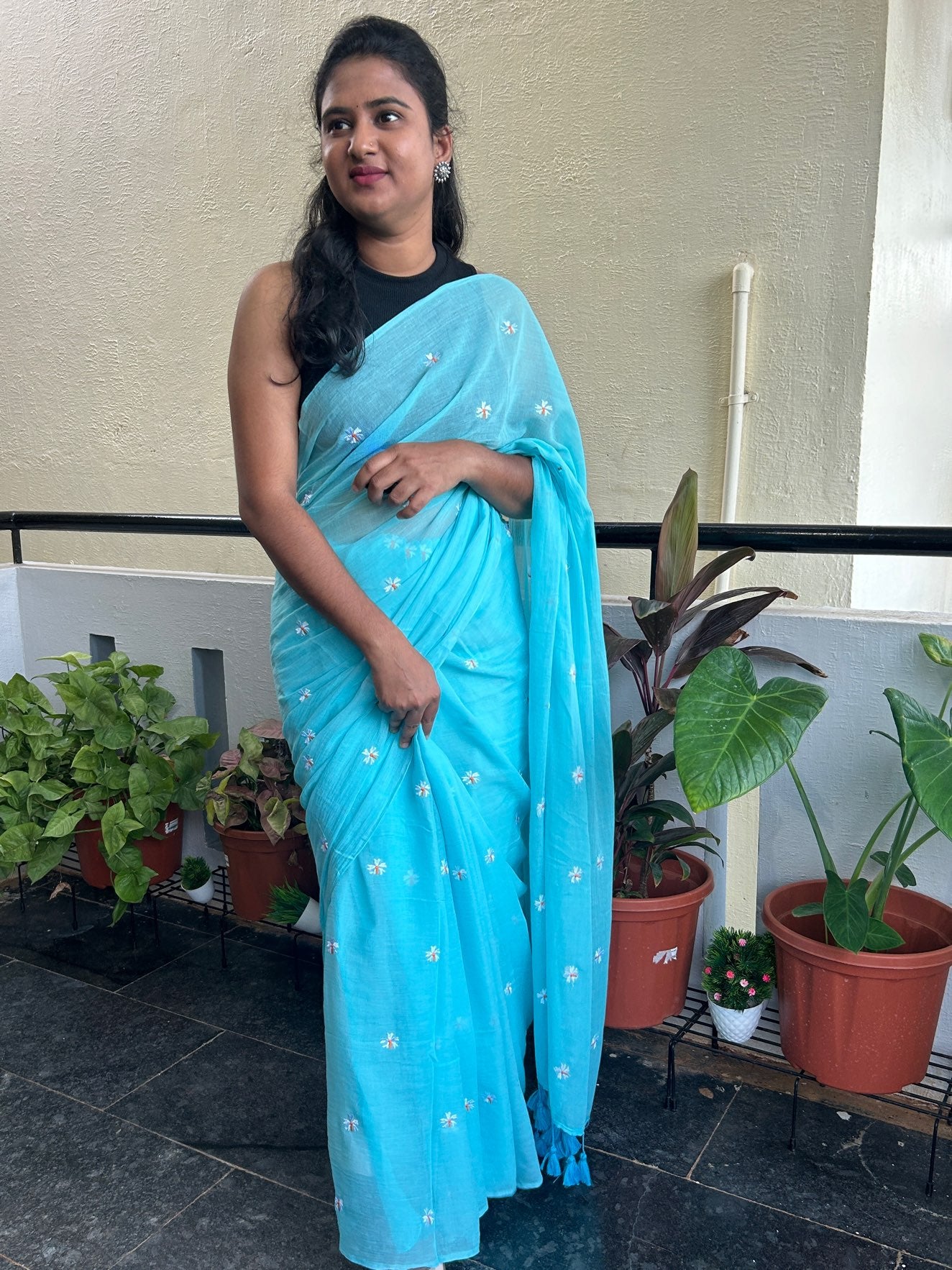 BLUE EMBROIDERY MUL SAREE
