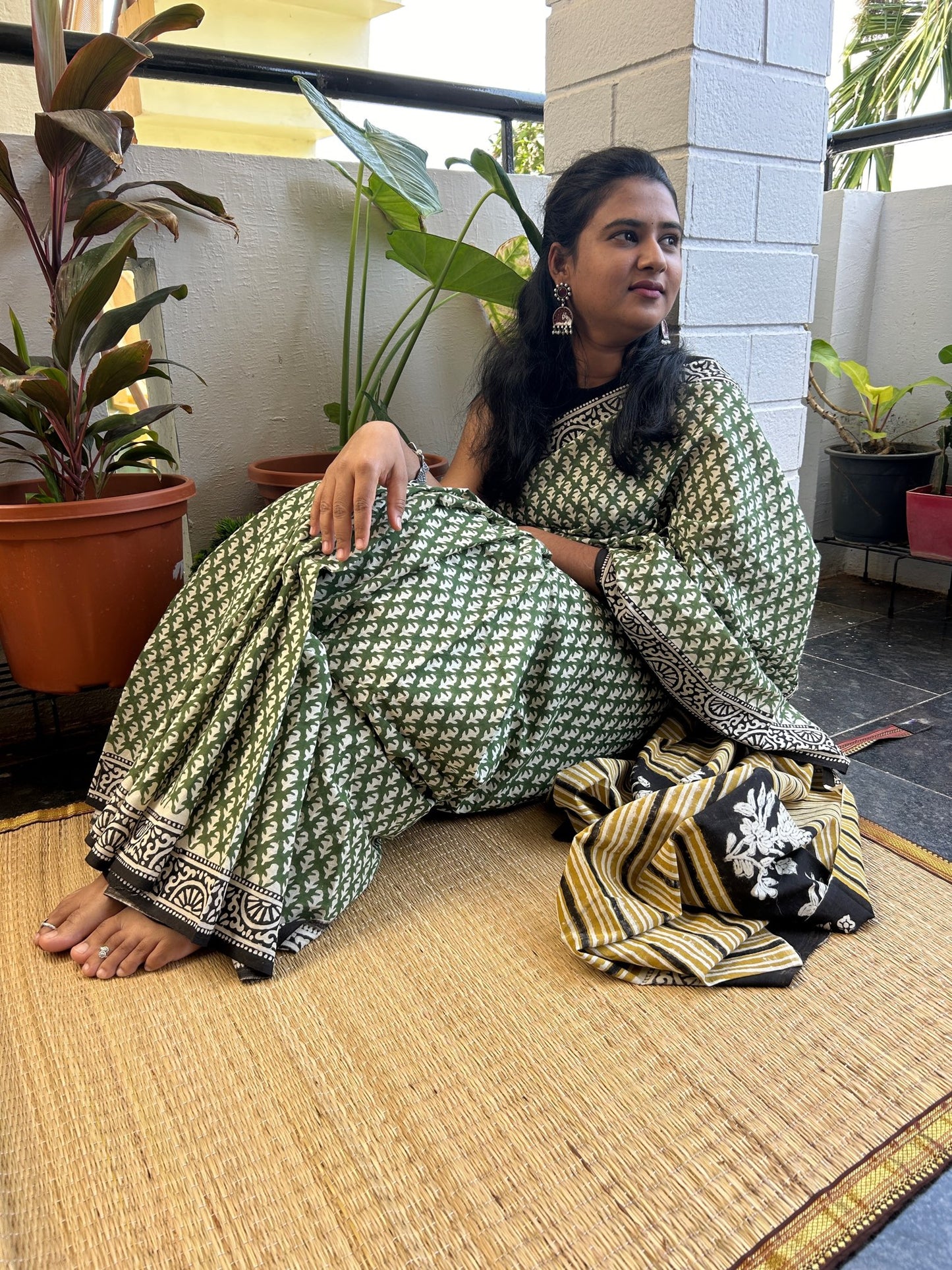 Green handblock mul cotton saree