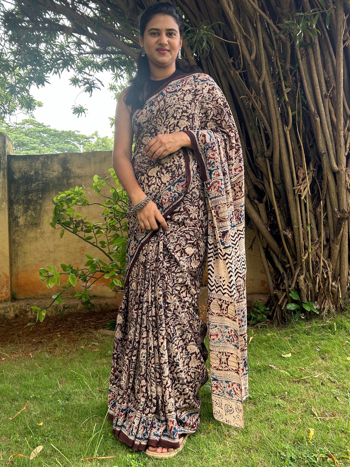 Brown kalamkari mul saree