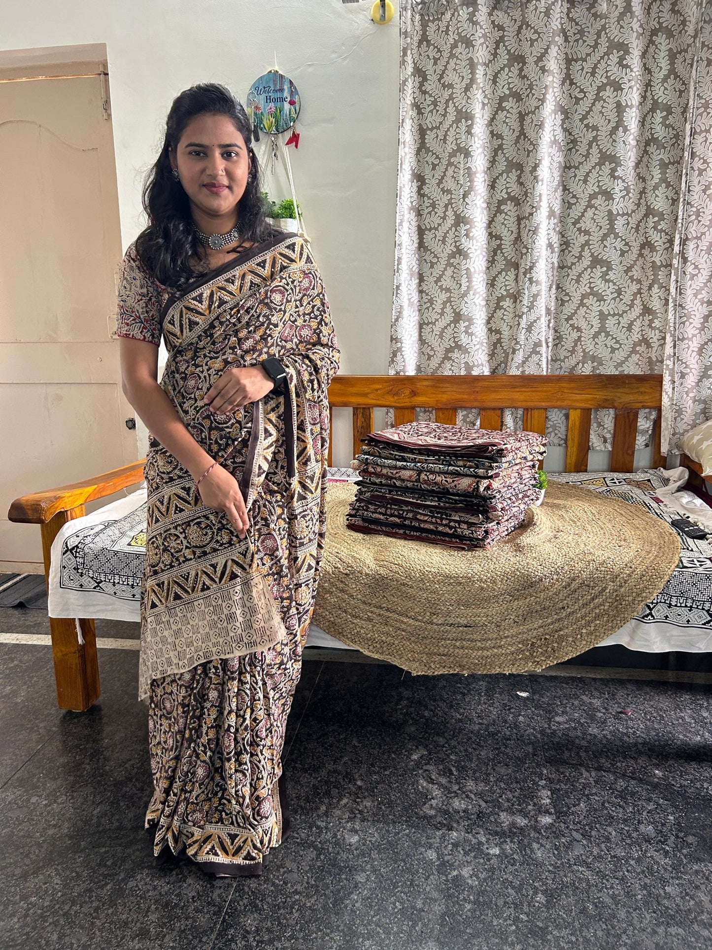 Brown kalamkari mul saree