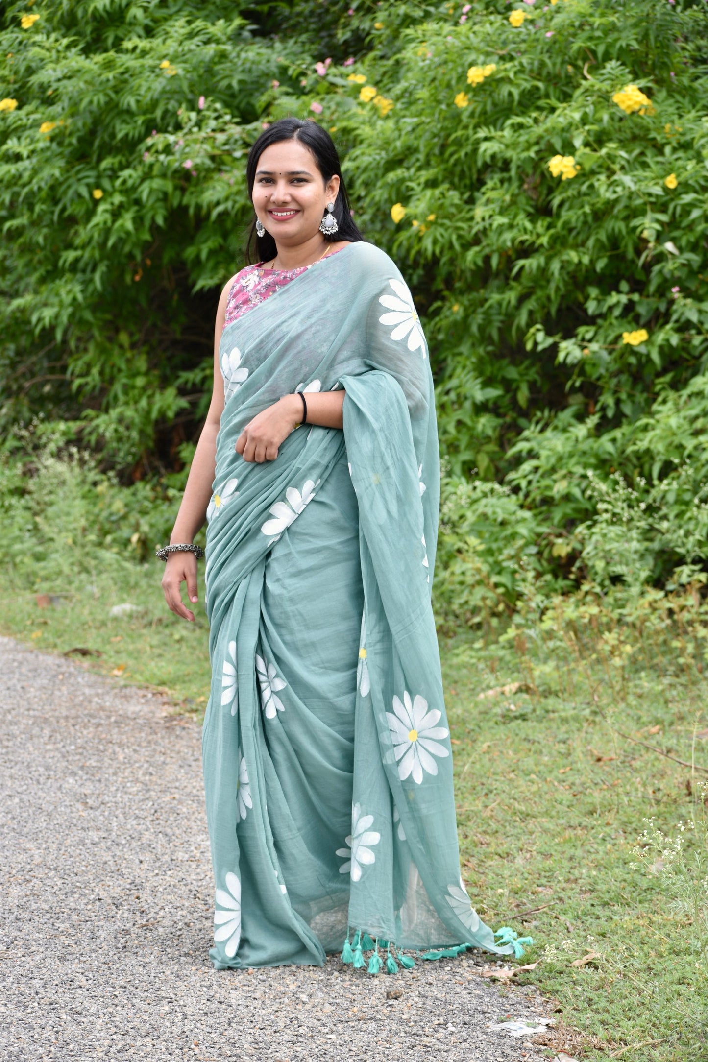 GREEN HAND PAINTED MUL SAREE