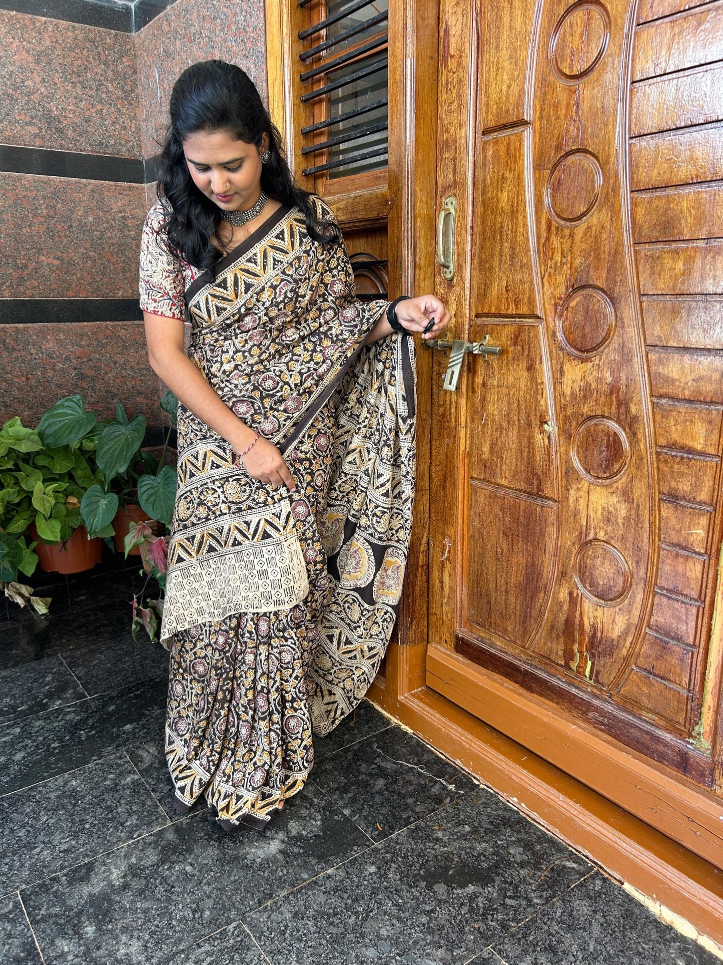 Brown kalamkari mul saree