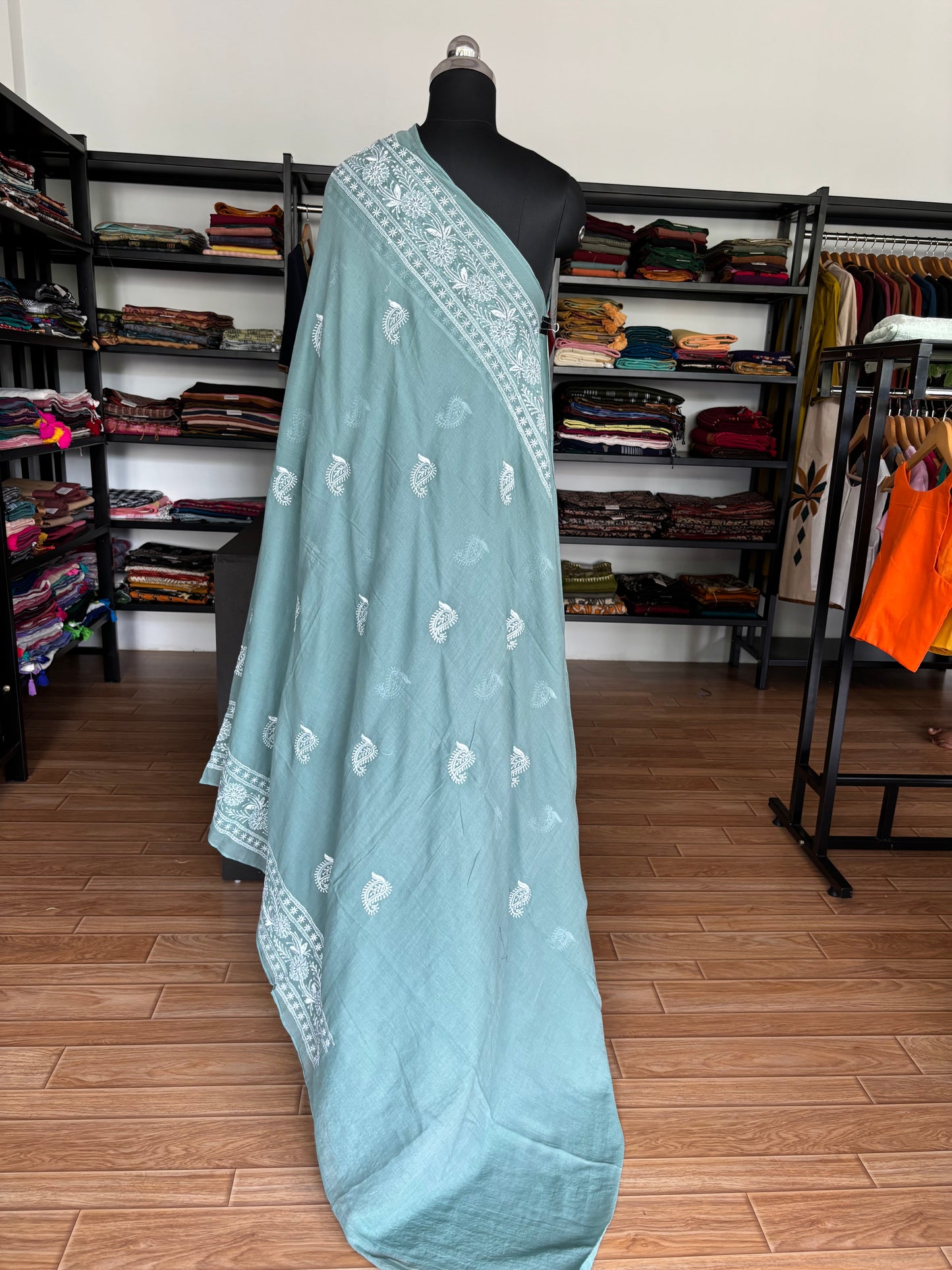 BLUE CHIKANKARI MUL SAREE