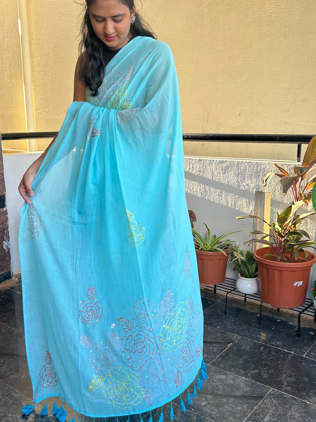 BLUE HAND EMBROIDERED MUL SAREE